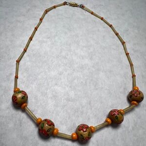 Wooden Bead Necklace Floral Painted Beads Gold Tone Boho Festival Hippie Earthy‎